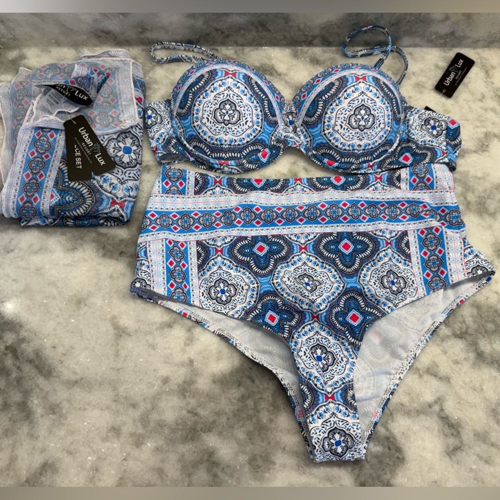 Urban Lux 3-Piece Swimsuit Set BNWT Size L Bikini + Sarong Pareo Blue Medallion - Picture 7 of 13